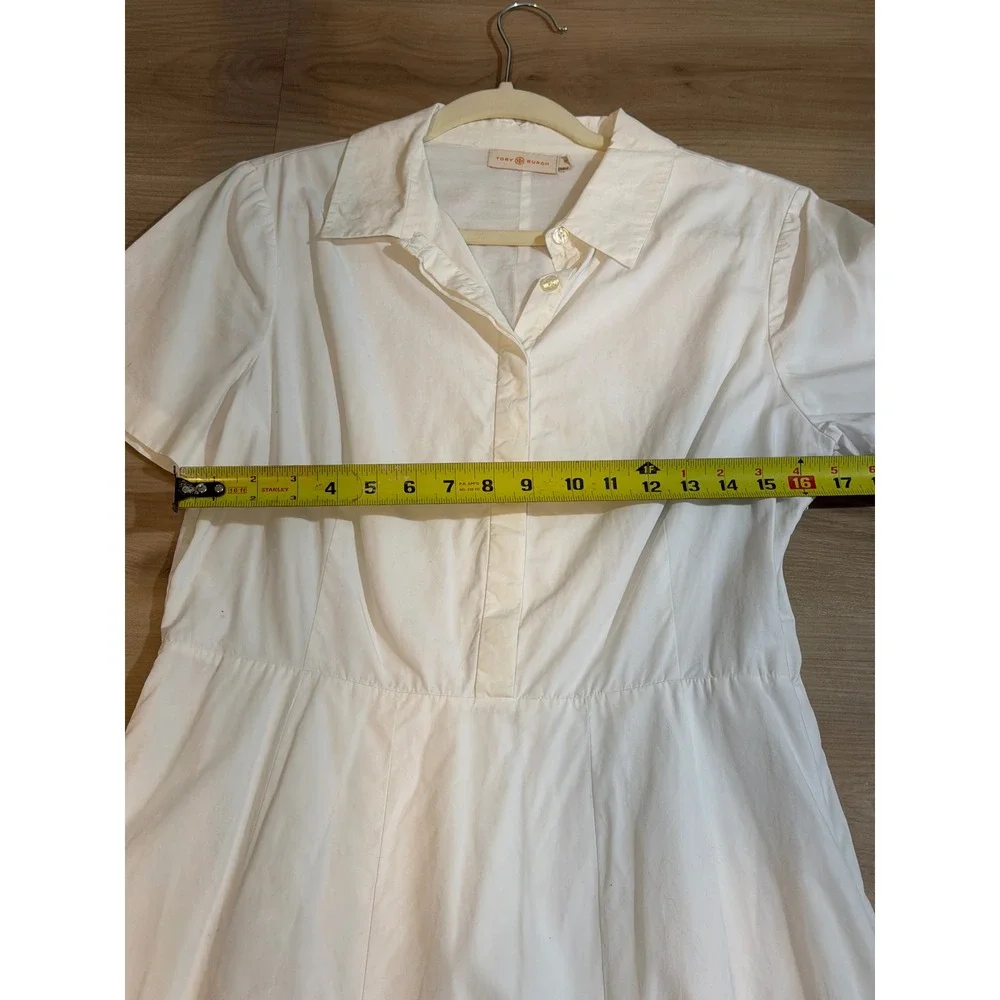 Tory Burch Pleated Shirtdress White 12 Cotton Short Sleeve 51131472 Classic